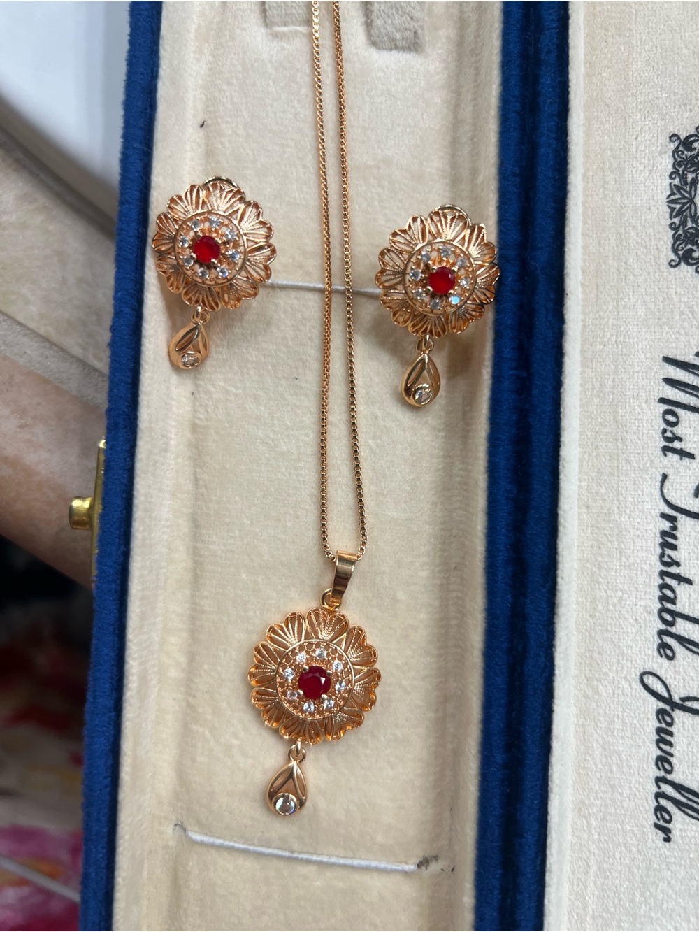 Gold-Tone Red Crystal Floral Pendant Necklace and Earrings Set